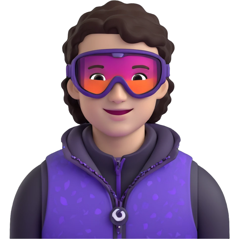 close-up of cool guy male athlete with white skin and moderately curly dark brown hair on top with shaved sides, wearing ski goggles with purple frames and very dark black lenses, winking behind the goggles, with an open mouth confident smile like a cool guy, a simple plain black chain necklace, and a completely unzipped sleeveless vest with purple and black sequin fire pattern design with no logo emoji