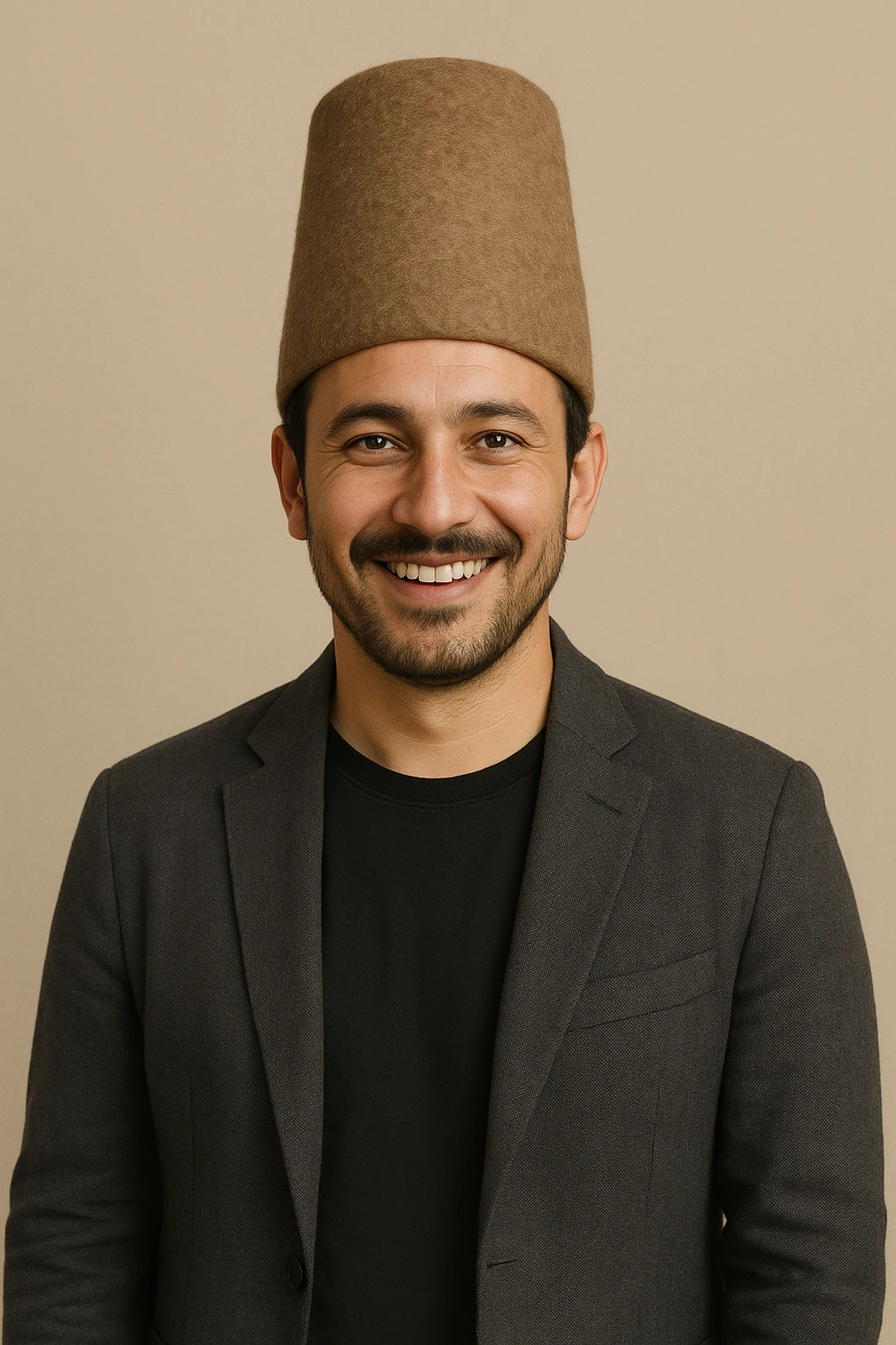 Konyalı adam, modern kıyafetli, Konya şapkası, gülümseyen, sade arka plan emoji