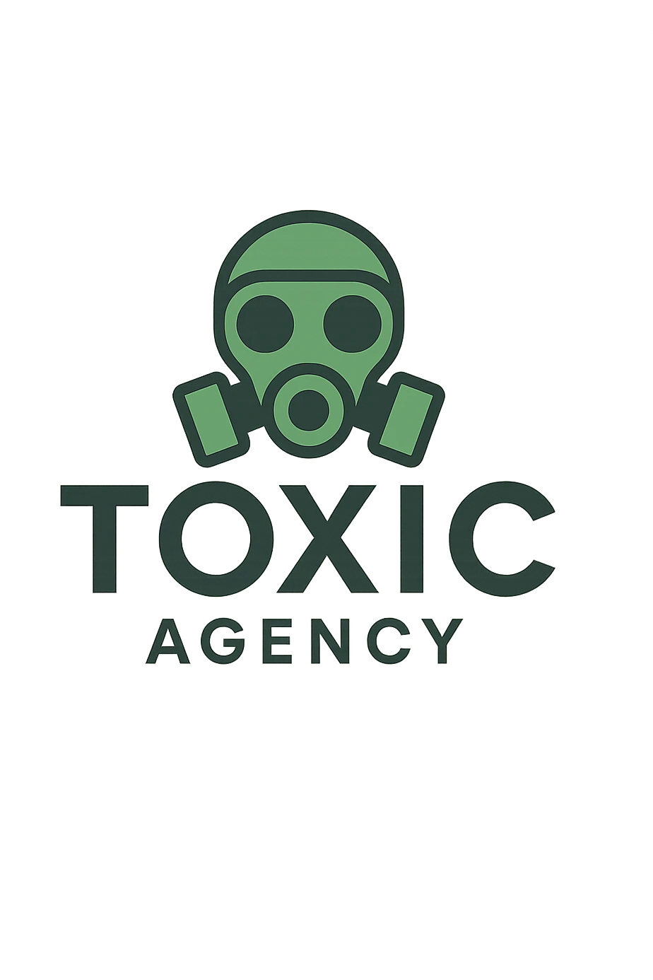 logo for 'Toxic Agency', stylized gas mask integrated into the text, green and gray color palette, sleek and minimalistic emoji