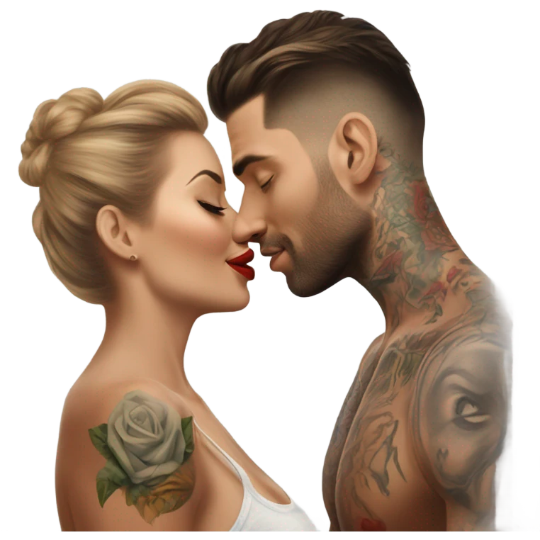 Photo Realistic beautiful woman kissing a very handsome tattooed man emoji