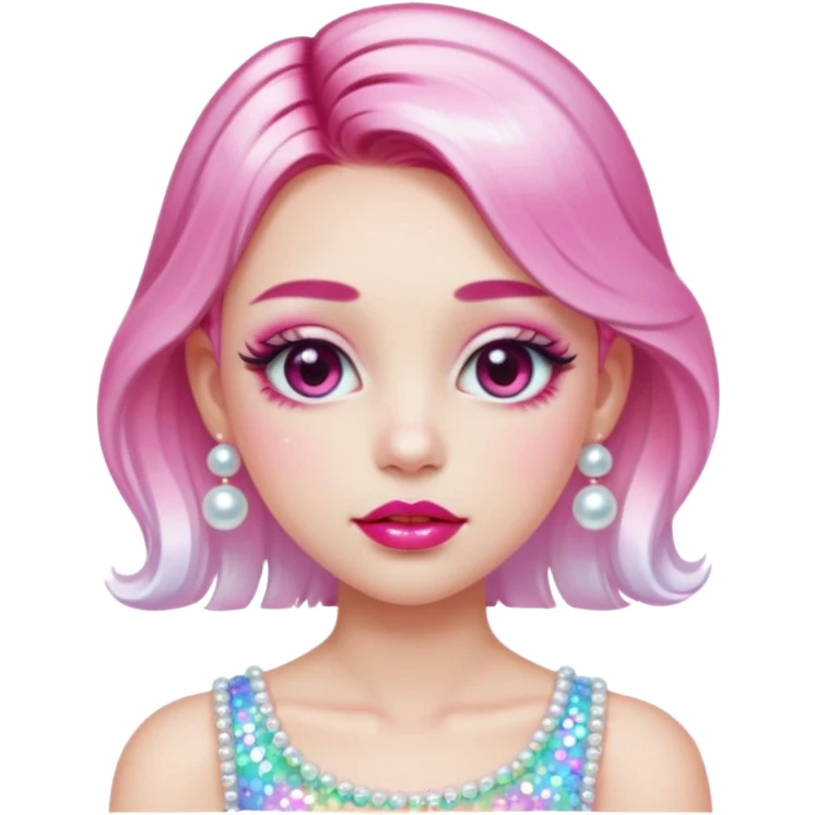 “Emoji girl, glossy pink eyelids, ombré cherry lips, soft contour, subtle glitter under eyes, pearl hair clips, trendy hairstyle, iridescent modern top.” emoji