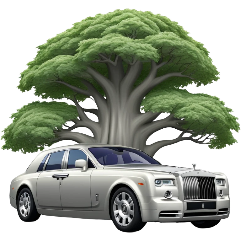 Rolls-Royce Phantom (2022) – cinematic-realistic Rolls-Royce Phantom emoji, its polished silver frame glistening under the sun as it glides down a winding, tree-lined road. The iconic Spirit of Ecstasy hood ornament stands proudly, the V12 engine hums silently  emoji