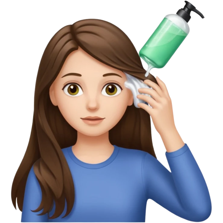 white long brunette hair girl with hazel eyes putting shampoo in emoji