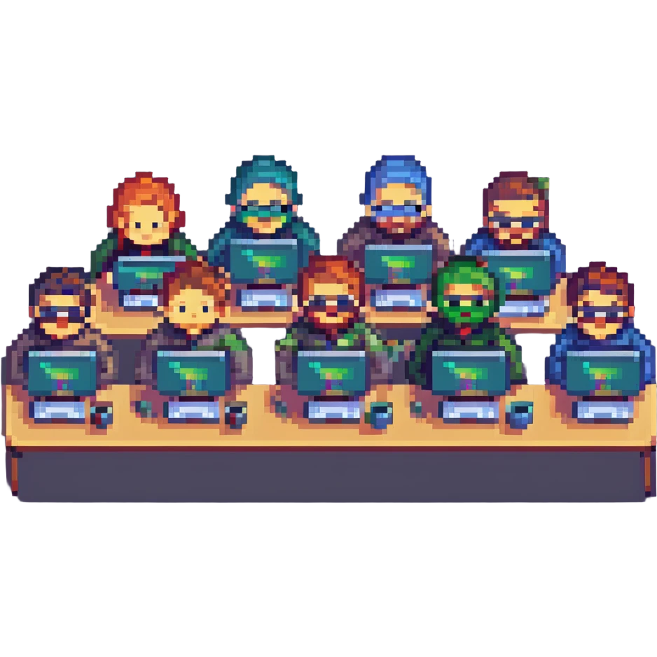 pixel art of a group of frontend developers with laptops, coding together, community vibe emoji