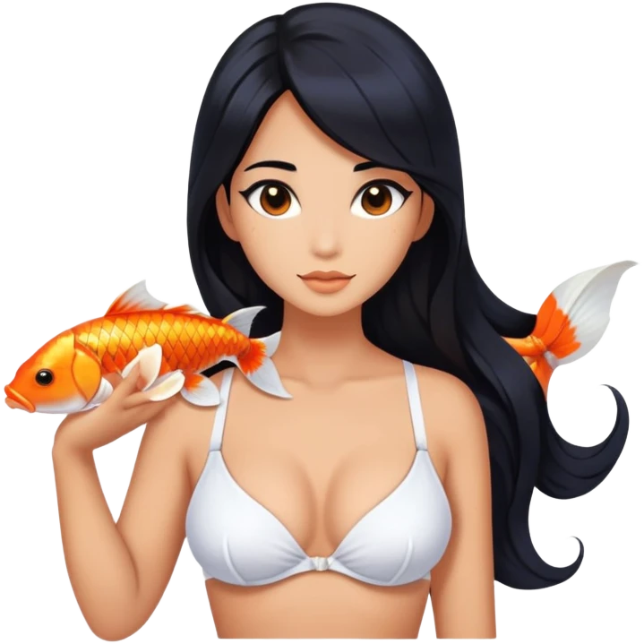mermaid, long black hair tanned woman, koi fish tail, white shell bra emoji