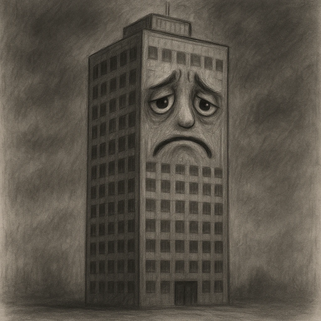 a sad office tower with an expressive face, gloomy mood emoji