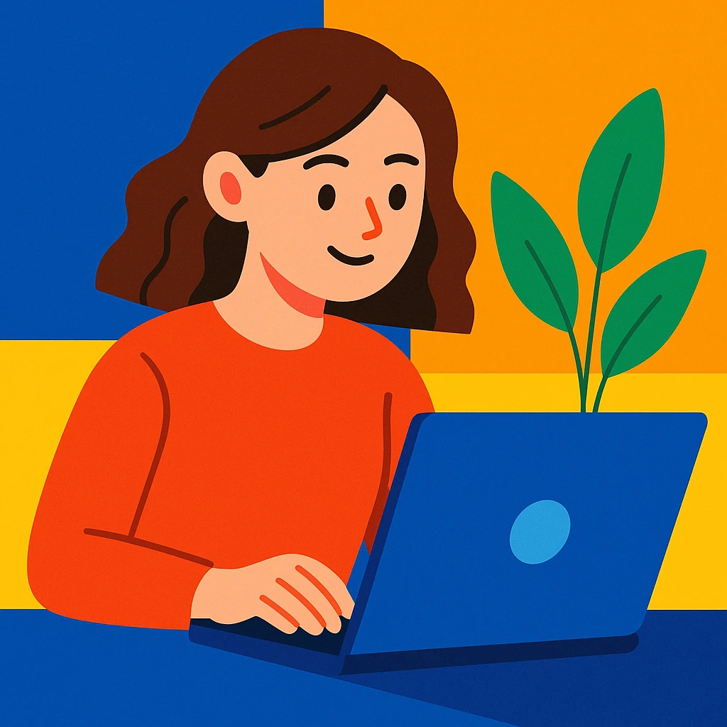 white girl with brown hair using a laptop, modern illustration style, vibrant colors emoji