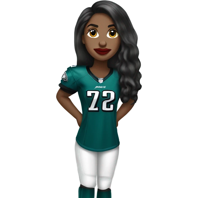 White female long dark hair red lips wearing Philadelphia Eagles jersey emoji