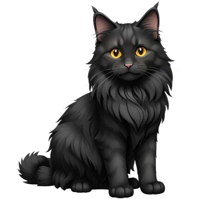 cinematic-black-maine-coon-cat-full-body-on all fours-emoji,-head-tilted-playfully-and-inquisitively,-sleek-solid black-fur,-simplified-yet-adorable-features,-highly-detailed,-glowing-with-a-warm,-friendly-glow -simplified-yet-realistic emoji
