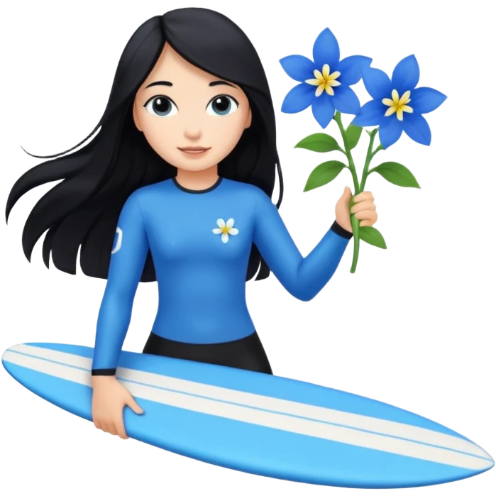 A girl with long black hair holding blue flowers surfing the sea emoji