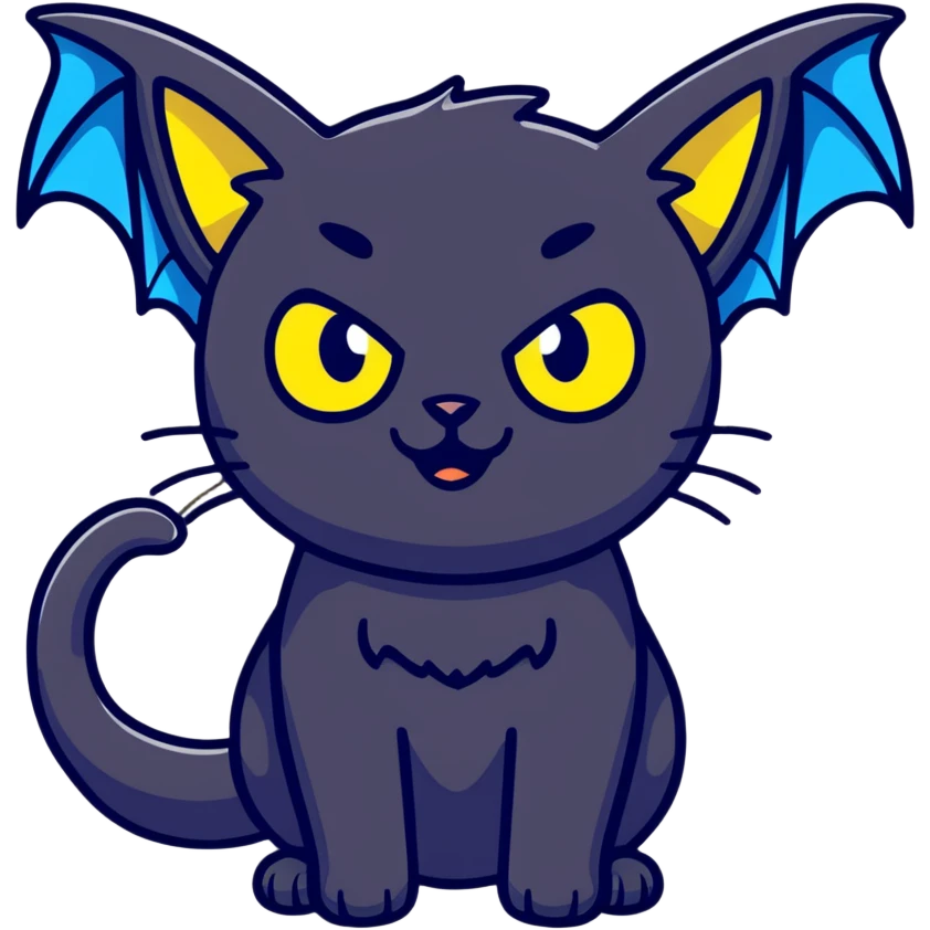 black cat with blue bat wings and glowing yellow eyes emoji