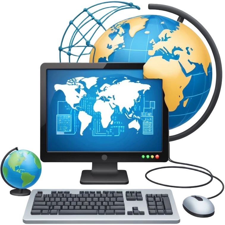 An icon featuring a computer monitor displaying code, a globe with network nodes, and a circuit board, symbolizing IT. The design includes data streams, cloud storage, and a keyboard, representing digital innovation, connectivity, and problem-solving. Transparent background emoji