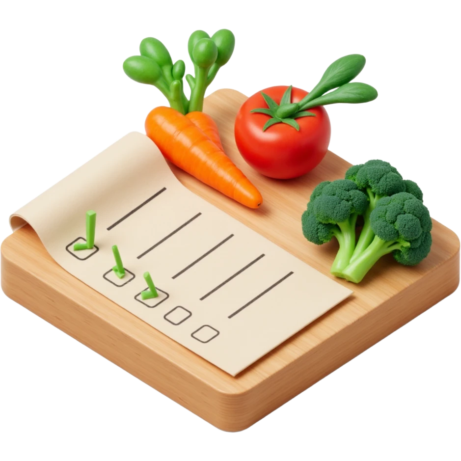 carrot tomato brocoli on the wooden cutting board with floating rolled paper list with green checkboxes emoji