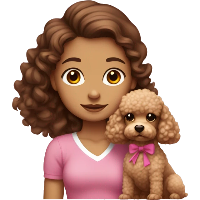 Girl with long brown curly hair white skin brown eyes with a bow in her hair wearing a pink shirt and jeans holding a small poodle that is brown  emoji