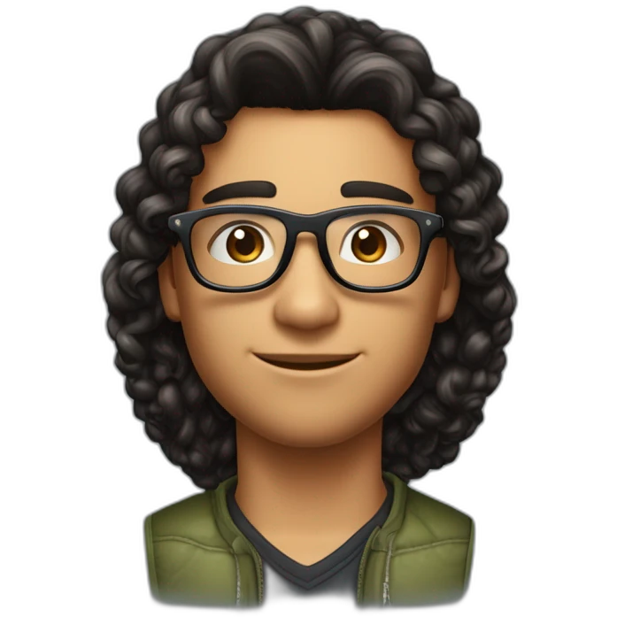 Beau jeune brun cheveux noir bouclé coupe dégradé avec une tortue met de lunette noir et grand de taille et musclé emoji