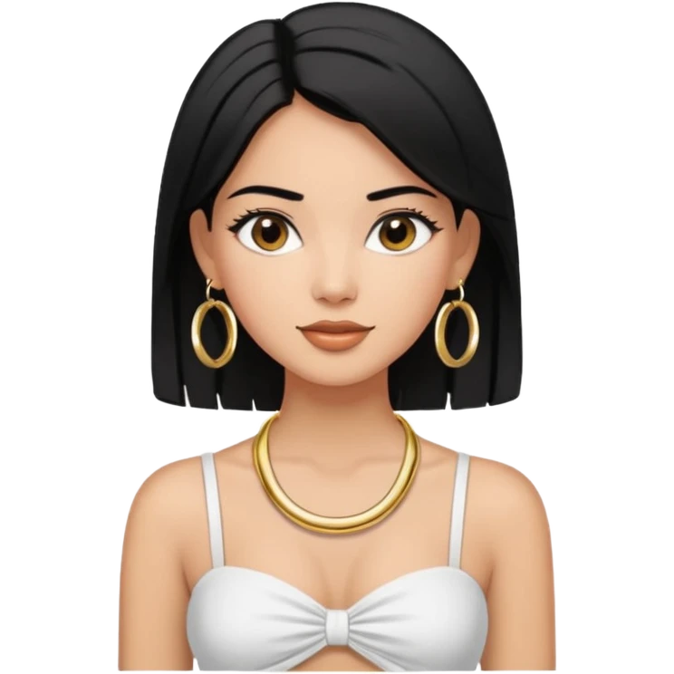 latina makeup olsun, saçları düz, halka küpeler büyük gümüş renginde olsun, kolye taksın ve beyaz bir Bandeau top kıyafet giyisin emoji