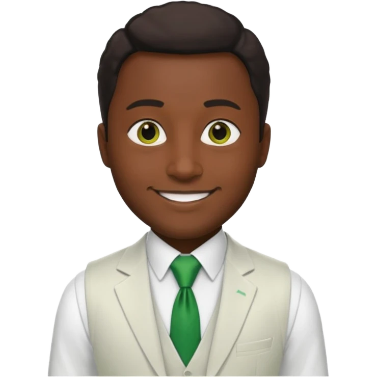 businessman, black skin, brown eyes, white suit vest, green tie emoji