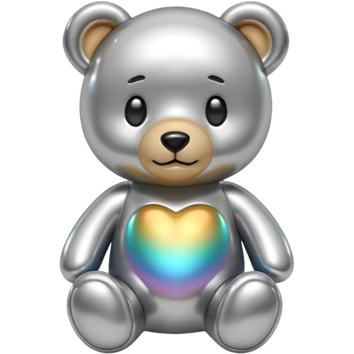 A cute teddy bear emoji made of liquid silver chrome, smooth rounded body, glossy metallic surface, soft reflections, friendly proportions, iOS emoji style, centered, clean white background emoji