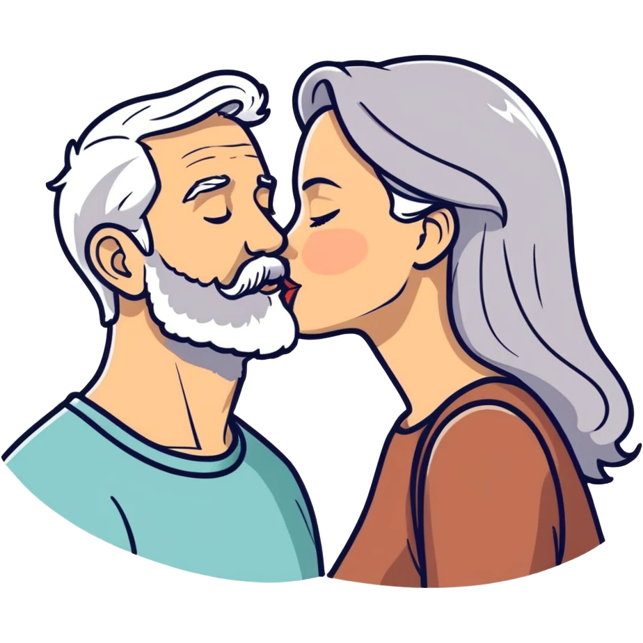 Grey haired bearded man and pretty brunette woman kissing  emoji
