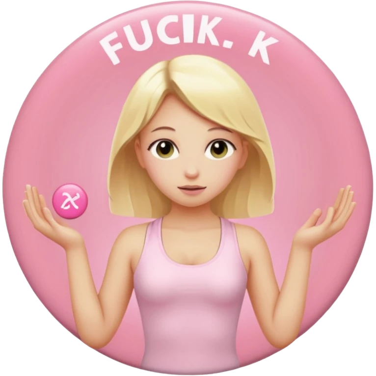 angelic blonde girl in light pink yoga outfit pushing "FUCK" pink button emoji