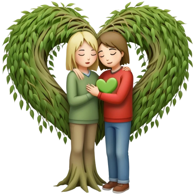 heart-shaped weeping willow tree with two people inside giving each other a supportive, caring hug, like close friends comforting each other, with a small heart above them emoji