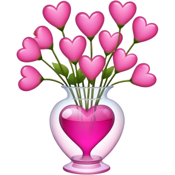 a transparent vase with flowers and the flowers should be in the shape of pink hearts, of which there should be 7 emoji