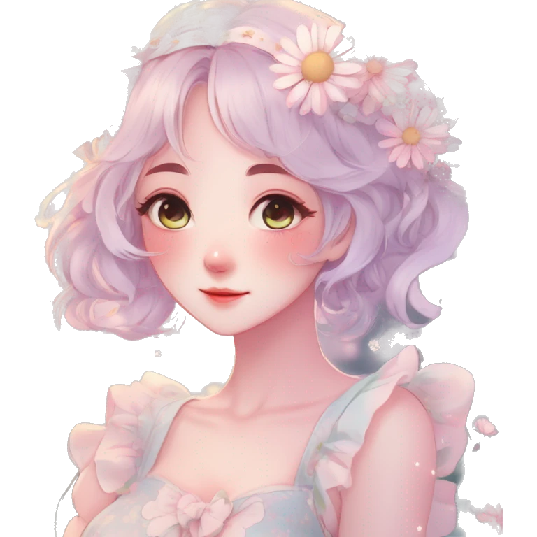 Gorgeous pastel anime style lady with blushing face and daisies cottagecore fairycore pastelcore colorful pearly romantic simplistic aesthetic trending style emoji