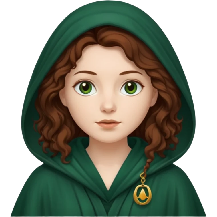 A white woman, a little heavier face, with long dark auburn hair robed and hooded like she's a Traitor in the tv show The Traitors. her hair is slightly curly, but kinda frizzy, not with defined curls, and the robe is a very dark green color emoji