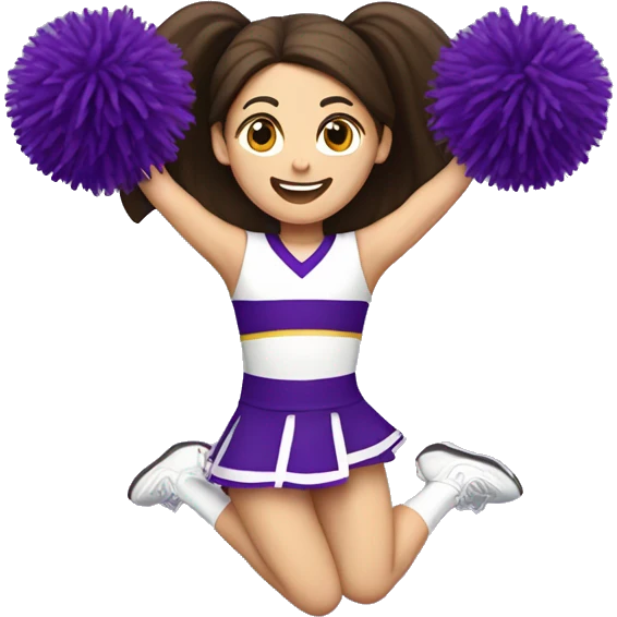 Caucasian cheerleader with long dark brown hair, jumping and holding up two purple Pom poms, small full body emoji emoji