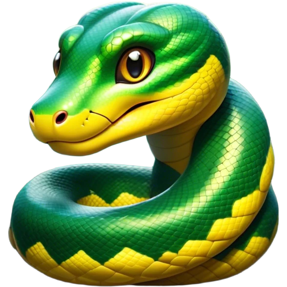 Cinematic Cute Anaconda Portrait Emoji, Head tilted playfully and inquisitively, with a sleek, shimmering body adorned with detailed scale patterns and round, sparkling eyes full of wonder, Simplified yet irresistibly adorable features, highly detailed, glowing with a warm, friendly jungle glow, high shine, affectionate and lively, stylized with a touch of whimsical reptilian charm, soft glowing outline, capturing the essence of a mischievous serpent that feels like it could slither out of the screen into your arms! emoji
