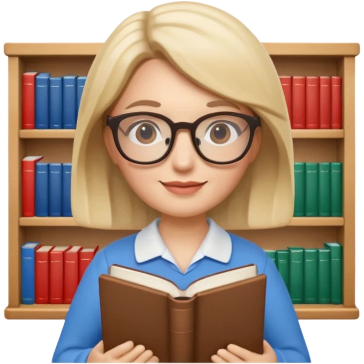 Apple Memoji-style 3D emoji of a librarian wearing glasses holding a book, clean gradients, rounded shapes, no background. emoji