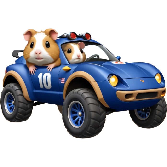 After-race dirt covered Midnight blue Local Motors Rally Fighter off road race car being driven by a five foot tall Guinea pig  emoji