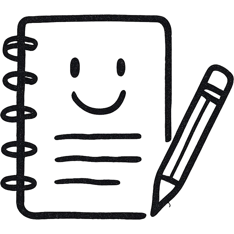 minimalist happy notebook with pencil, symbolizing daily writing and reflection, hand-drawn outline style emoji