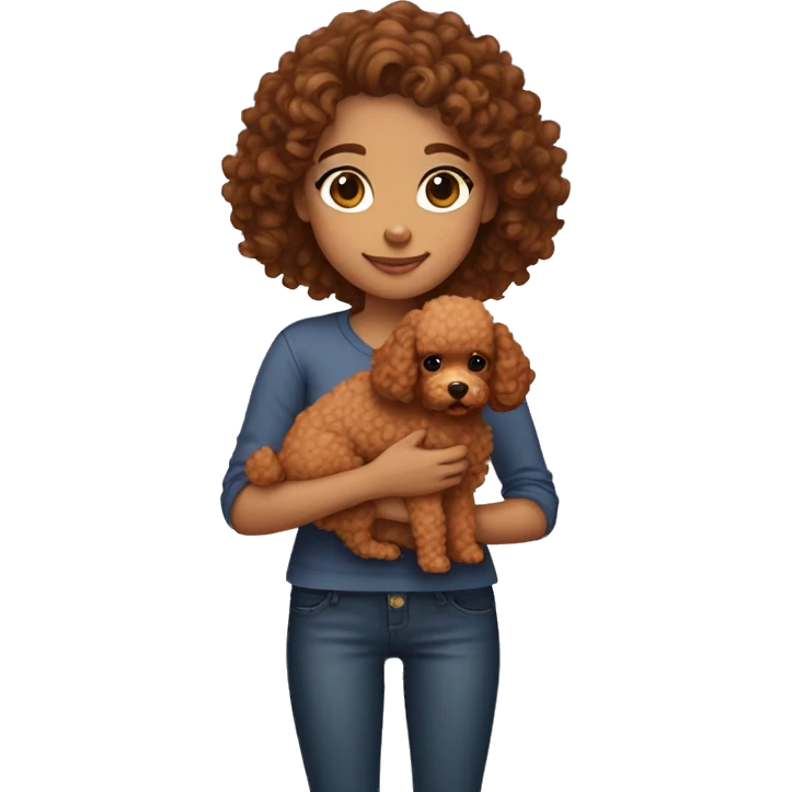 curly brown haired girl holding an apricot coloured poodle emoji
