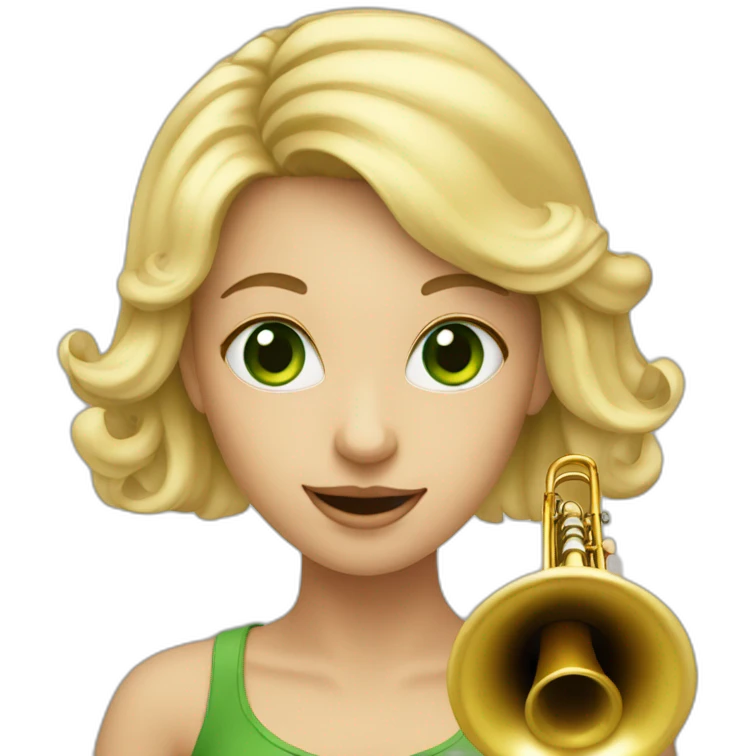 a green-eyed blonde girl with a trumpet nose emoji