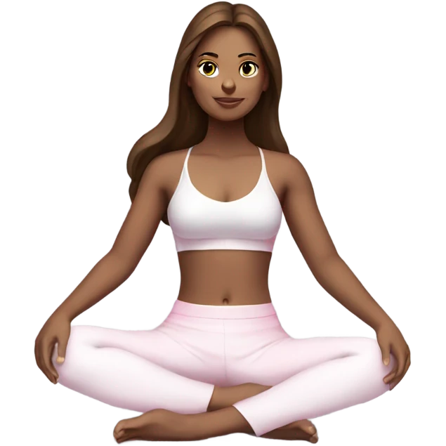 A girl with brown long hair, fair skin and brown eyes is sitting in a lotus position in a white bra top and pink skirts emoji
