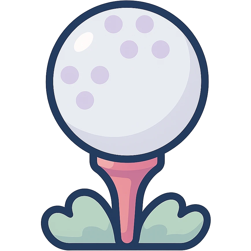 golf ball on a tee stand with soft grass detail, icon-color-outlined style, detailed shading, thin clean outlines, soft rounded features, pastel palette #98B5BC #B5B3C1 #C9A3C9 #E4C0CA #F7DCD1 #F7C0AA, Japanese pop art, sticker look, highly detailed, vector clarity, soft lighting, subtle shadows, transparent background emoji