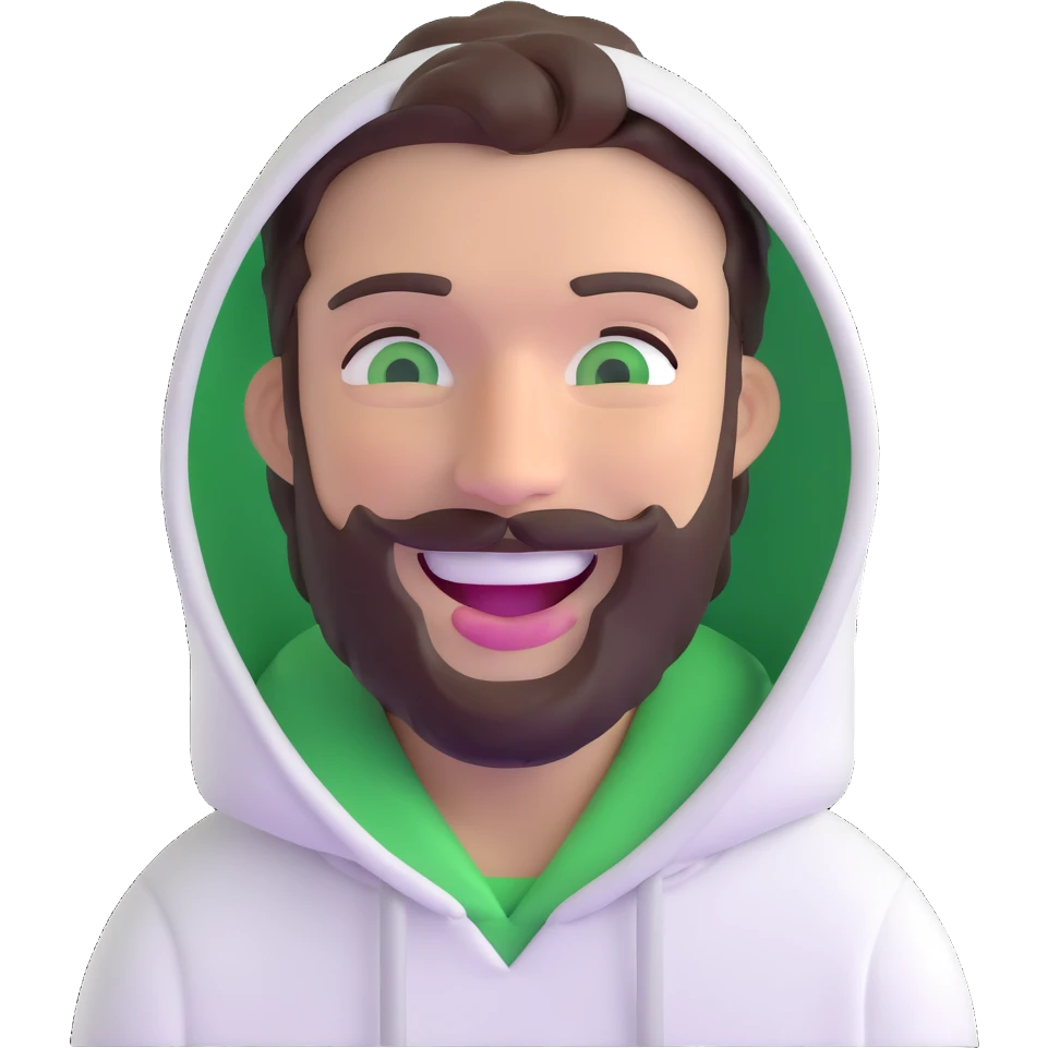 laughing guy with white hoodie, green eyes, dark brown hair and a short full beard emoji