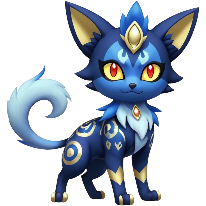 Shiny Evil mExotic Badass Colorful Ethereal Royal Mysterious Gothic Meowstic-Zorua-Litten-Noibat-Pokémon-Fakémon-hybrid-creature (full body) with pattern-markings with golden eyes emoji