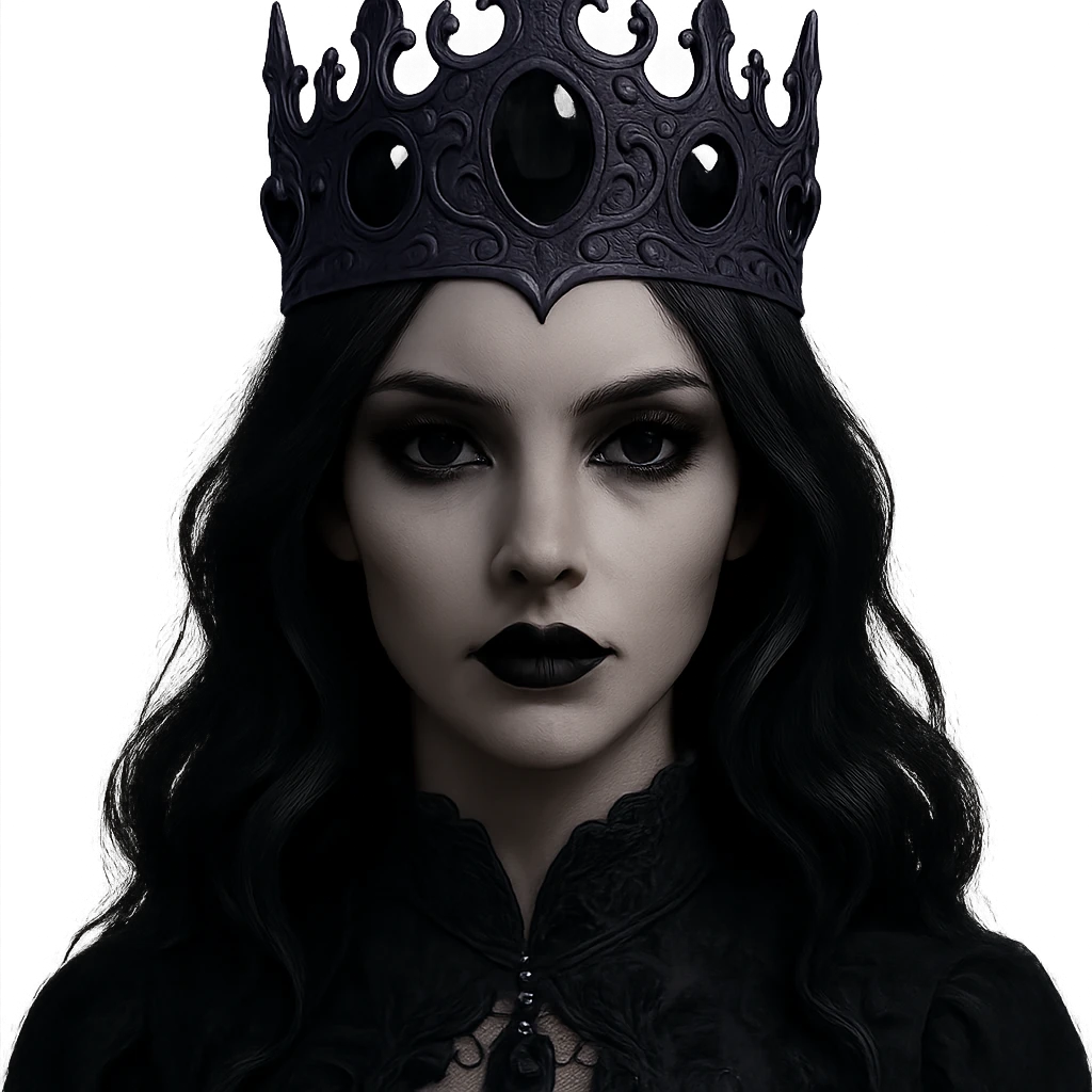 Change the gothic black crown to be made of matte purple metal, with onyx stones and a haunting, sophisticated design. Keep the background transparent. The style should maintain the gothic and elegant look of the original image. emoji