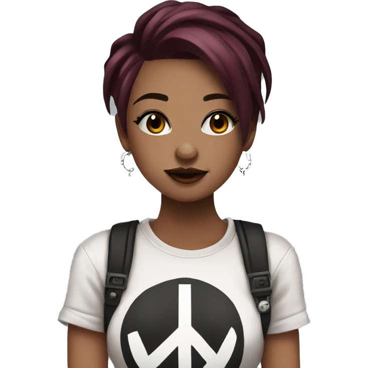 Beautiful girl with dark maroon hair and a septum piercing, hazel colors eyes, wearing an emo shirt, making a peace sign and winking emoji