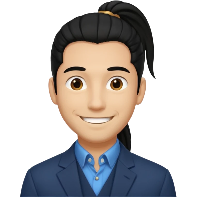 black long pony tail hair man with polite outfit smile warmly emoji