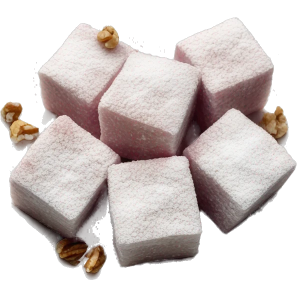 Turkish delight stacked cubes with chopped walnuts and covered with powdered sugar, on a porcelain plate emoji