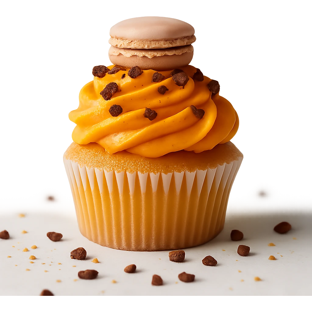 Change the icing to pumpkin color (orange, creamy and slightly glossy), keep the realistic cupcake and accessories, photorealistic style, transparent background. emoji