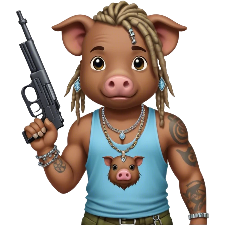 african-american race pig with dreads looking gangster with gun and tank top, with diamond blinging chain, with tattoos emoji