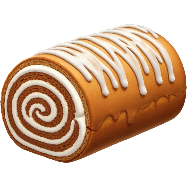 Brown cake roll with white drizzle frosting on top emoji