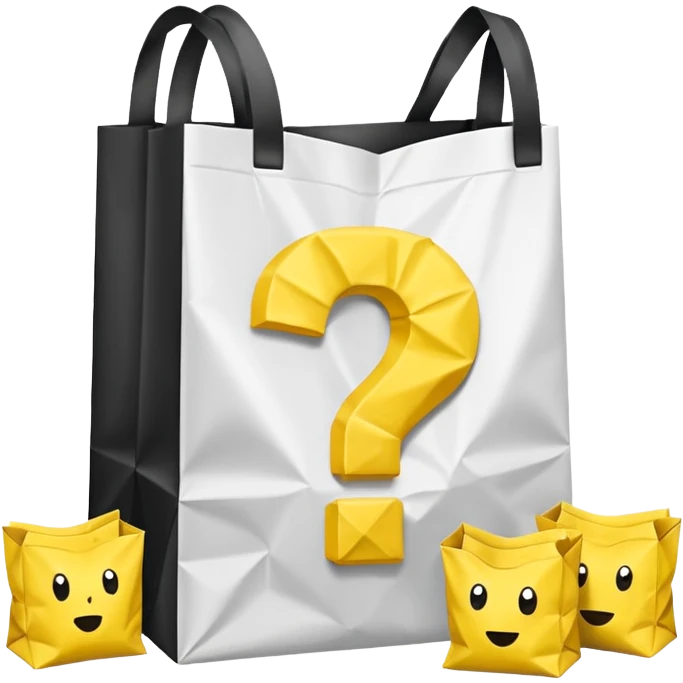 crumbled white goodiebag with yellow questions mark boxes stuffed in it emoji