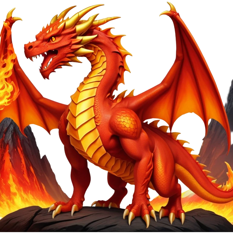 cinematic-noble-fierce-fire-dragon-full body-emoji,-poised-and-imposing,-with-a-muscular,-scaled-body-ablaze-in-fiery-hues-of-crimson,-molten-orange,-and-molten-gold,-and-intense,-burning-eyes-that-mirror-the-heart-of-a-volcano;-rendered in detail emoji