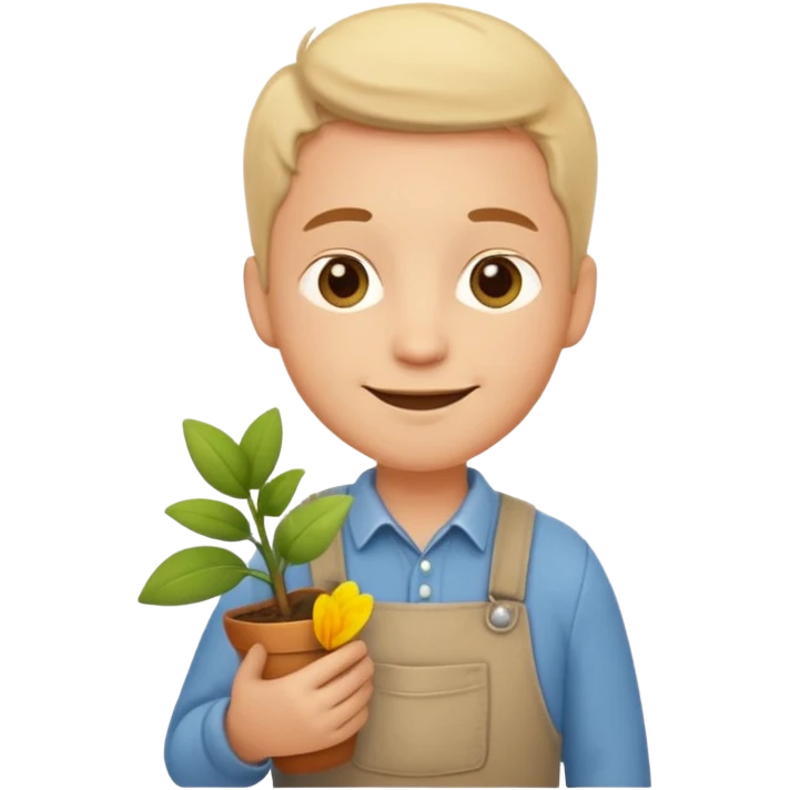 A calm, friendly male cartoon character with light skin, simple farm clothes, warm smile, holding a small plant or flower, stylized as a cute, readable emoji icon with soft earthy color emoji