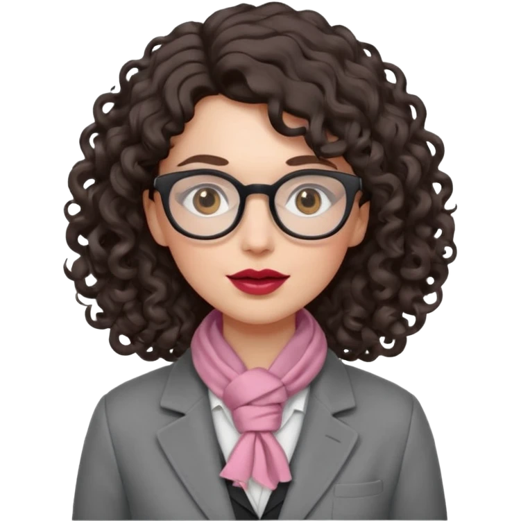 A crazy female scientist, with curly-wavy dark brown hair, brown eyes and light grey glasses and pale skin and pinkish lips, dressed to look like an english teacher but in neutral tones like grey black white, maybe with the pop of dark red emoji